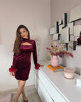 ROBE VELOURS BORDEAUX PLUMES