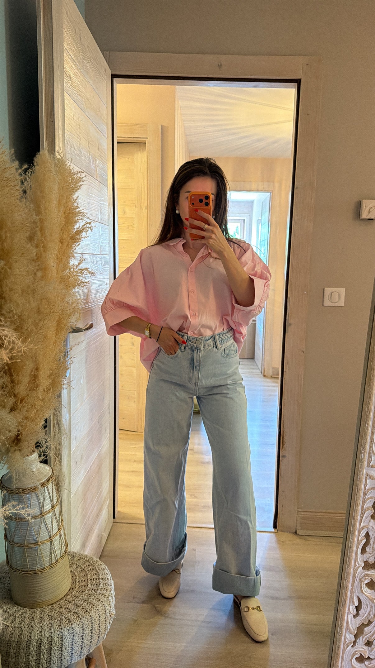 Chemise rose en coton à manches courtes