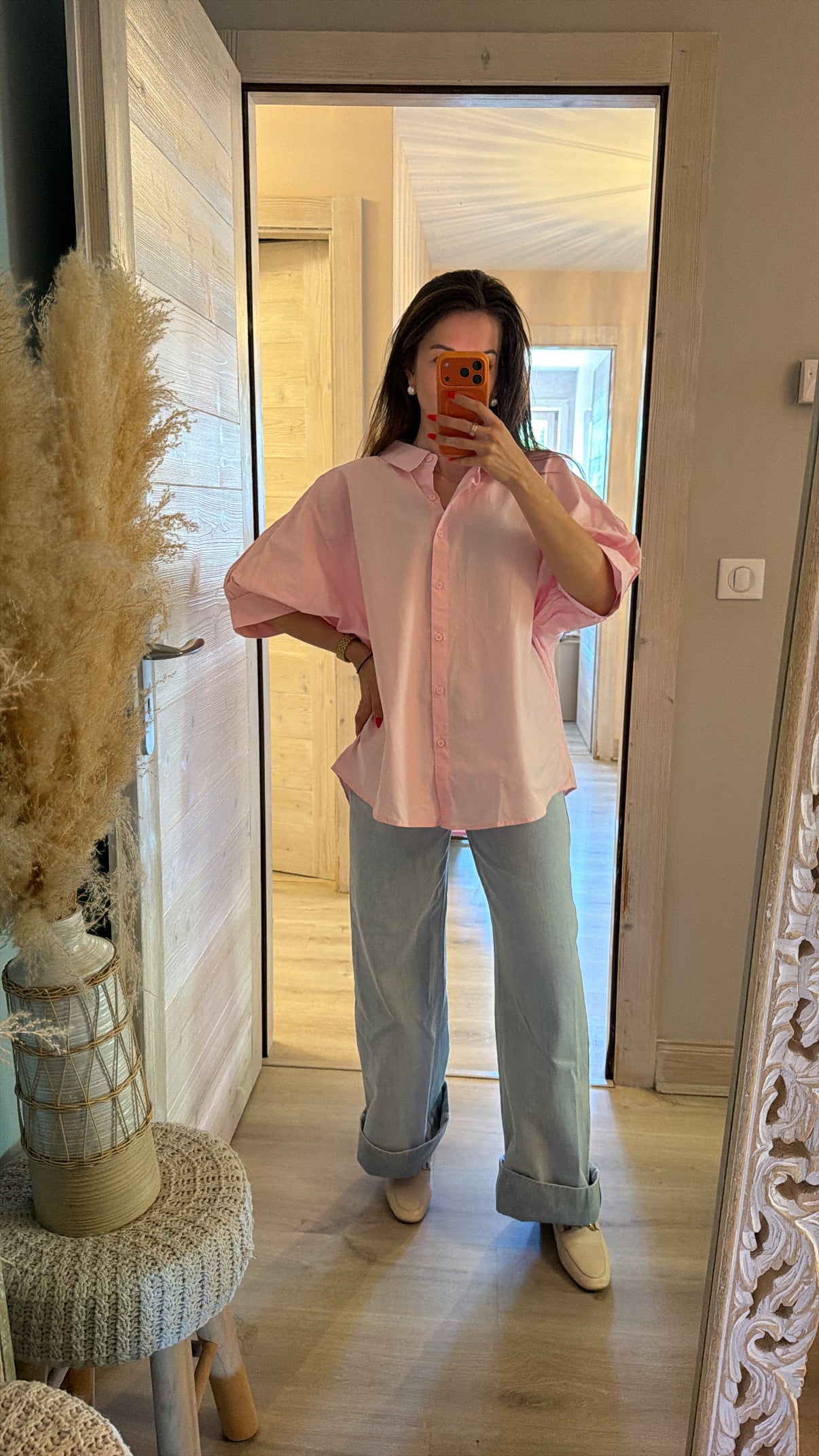 Chemise rose en coton à manches courtes