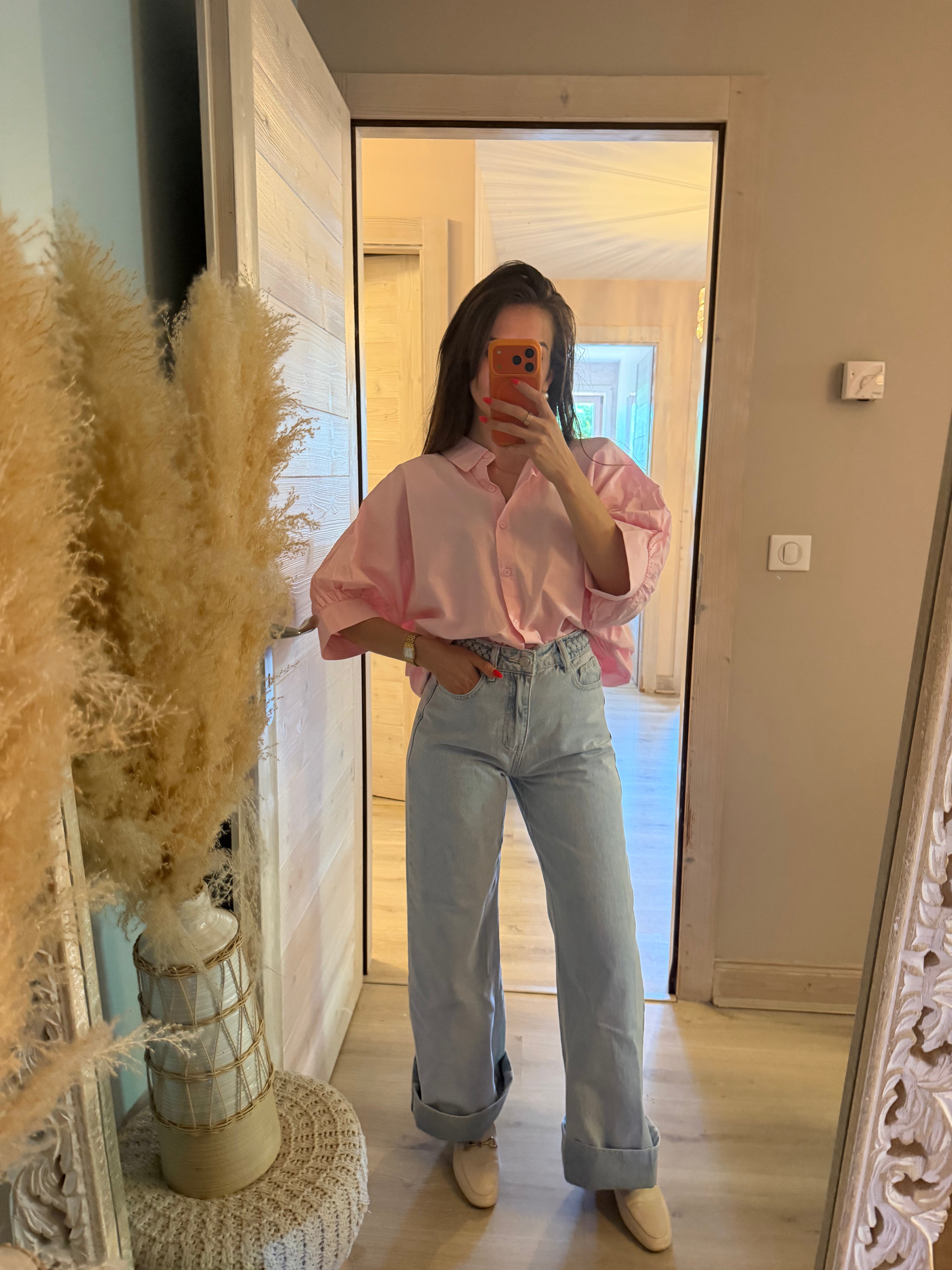 Chemise rose en coton à manches courtes