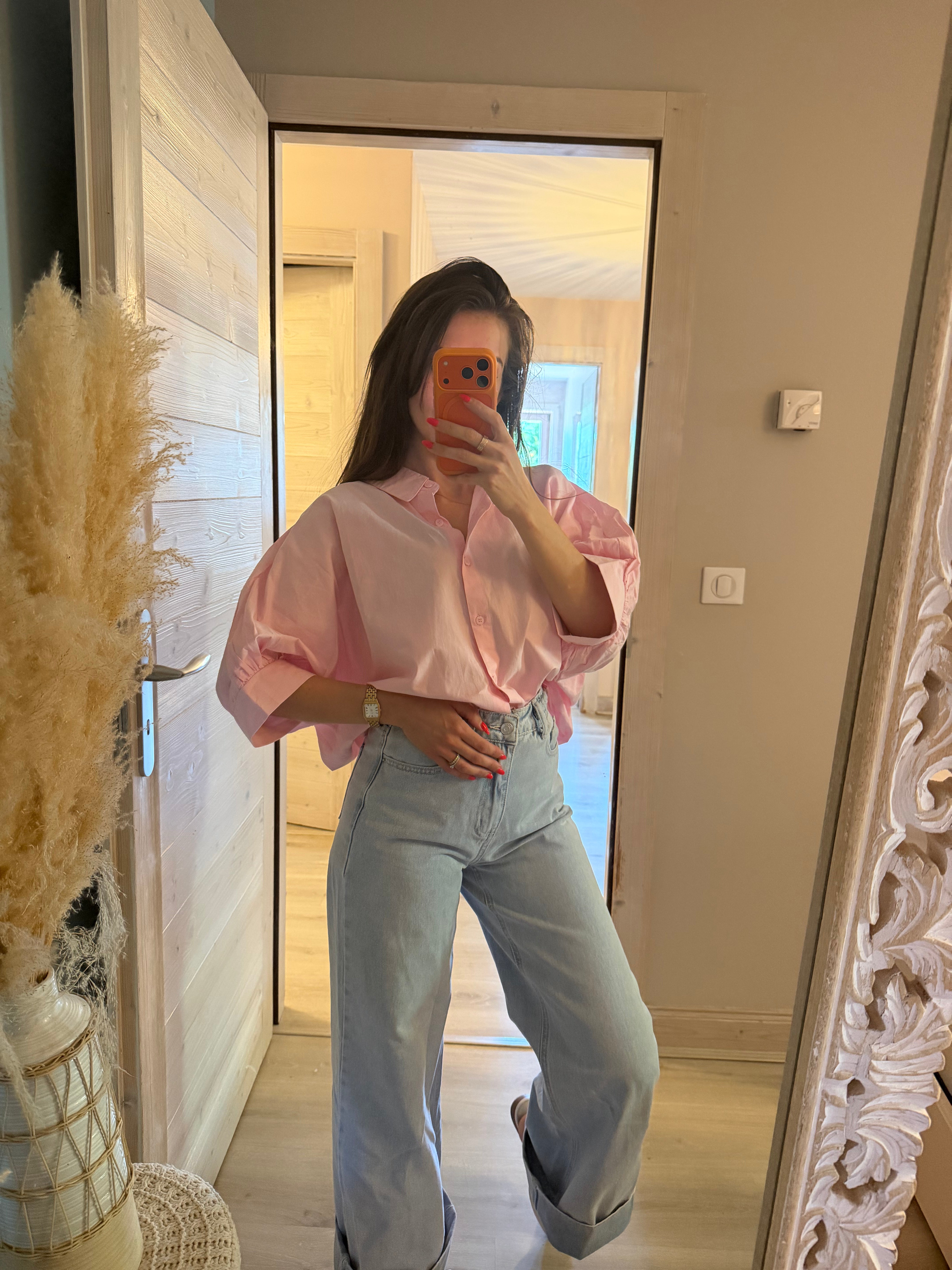 Chemise rose en coton à manches courtes