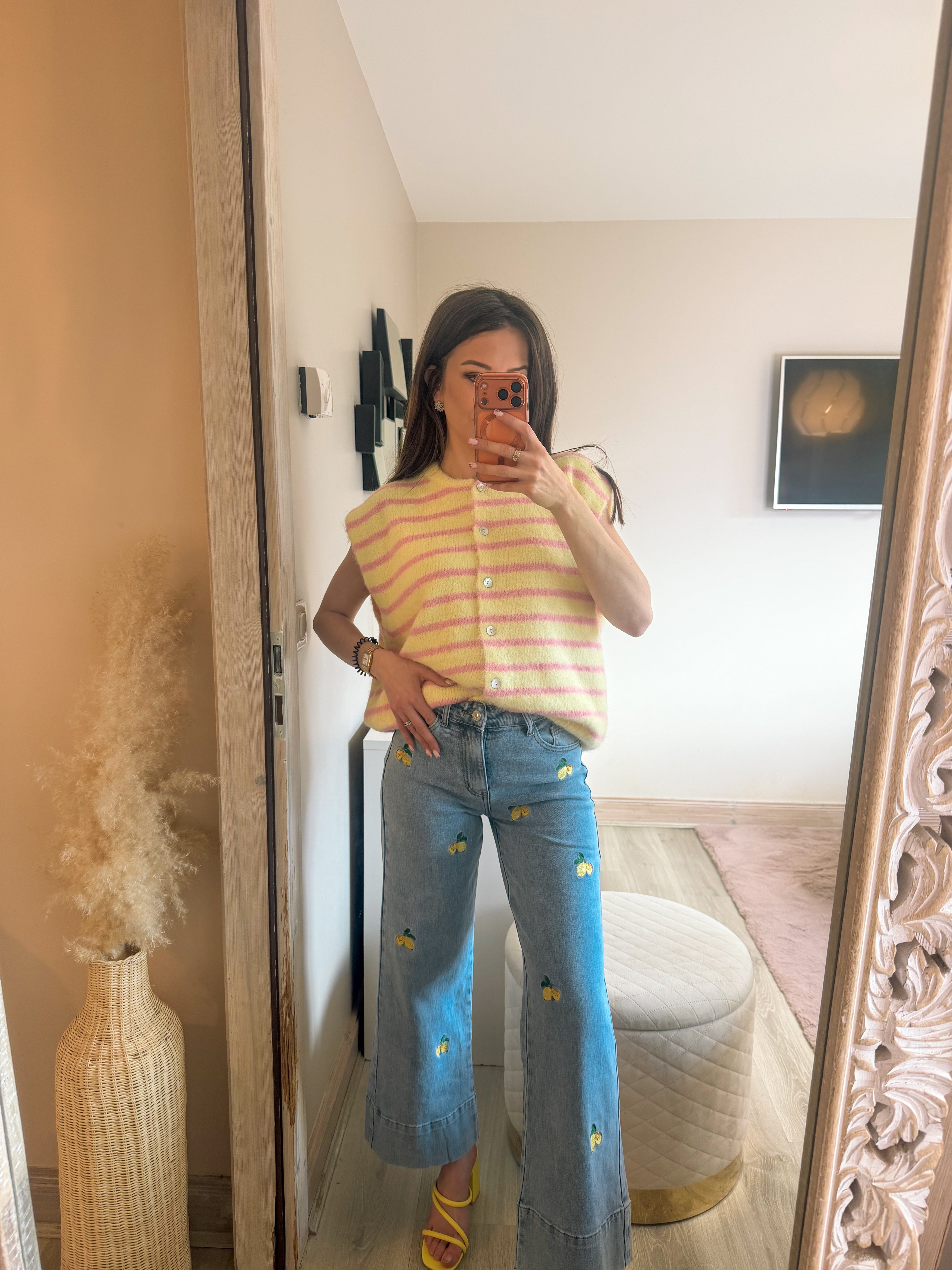 Gilet manche court rayures JAUNE ET ROSE