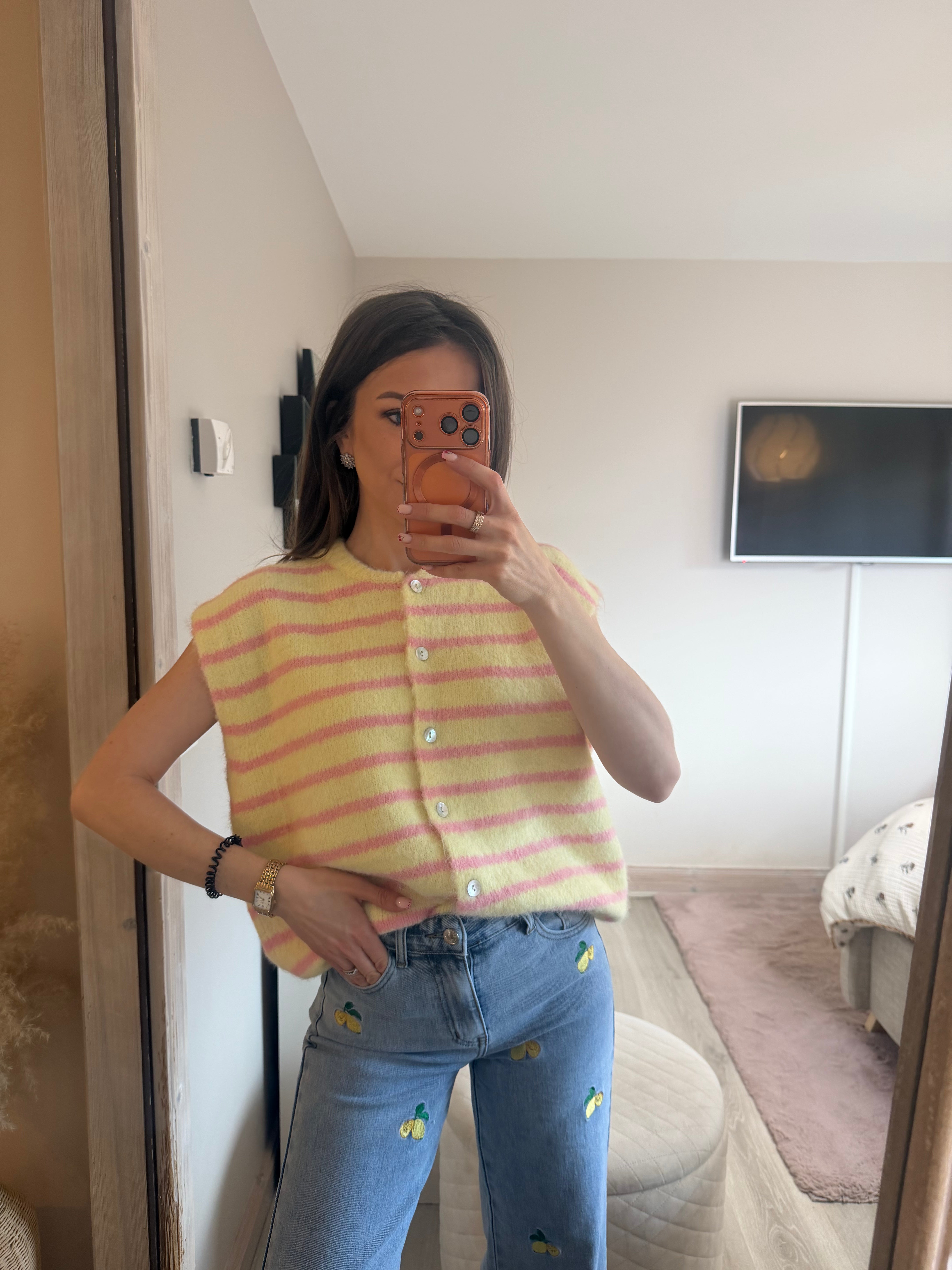 Gilet manche court rayures JAUNE ET ROSE