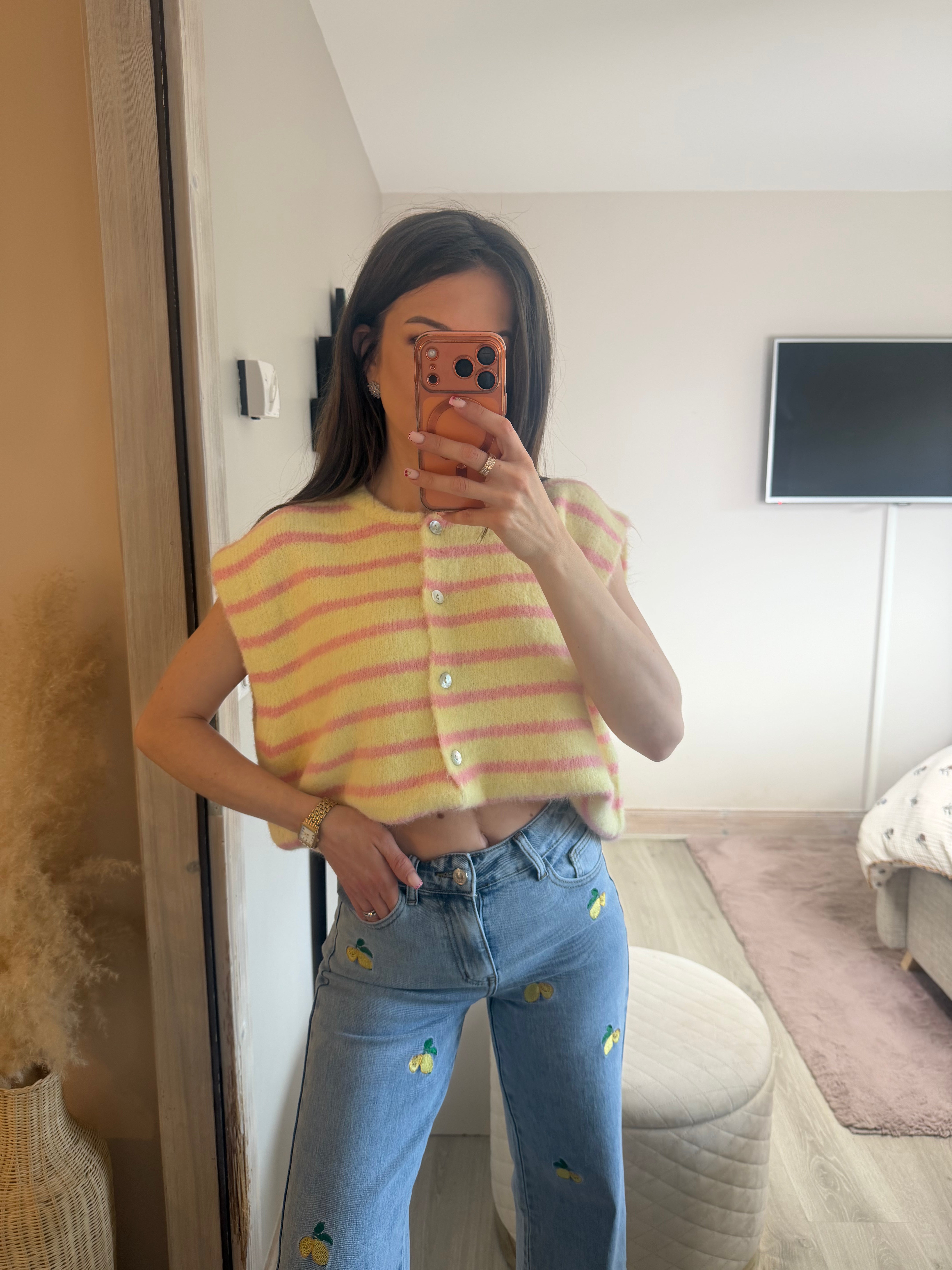 Gilet manche court rayures JAUNE ET ROSE