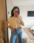 Gilet manche court rayures JAUNE ET ROSE