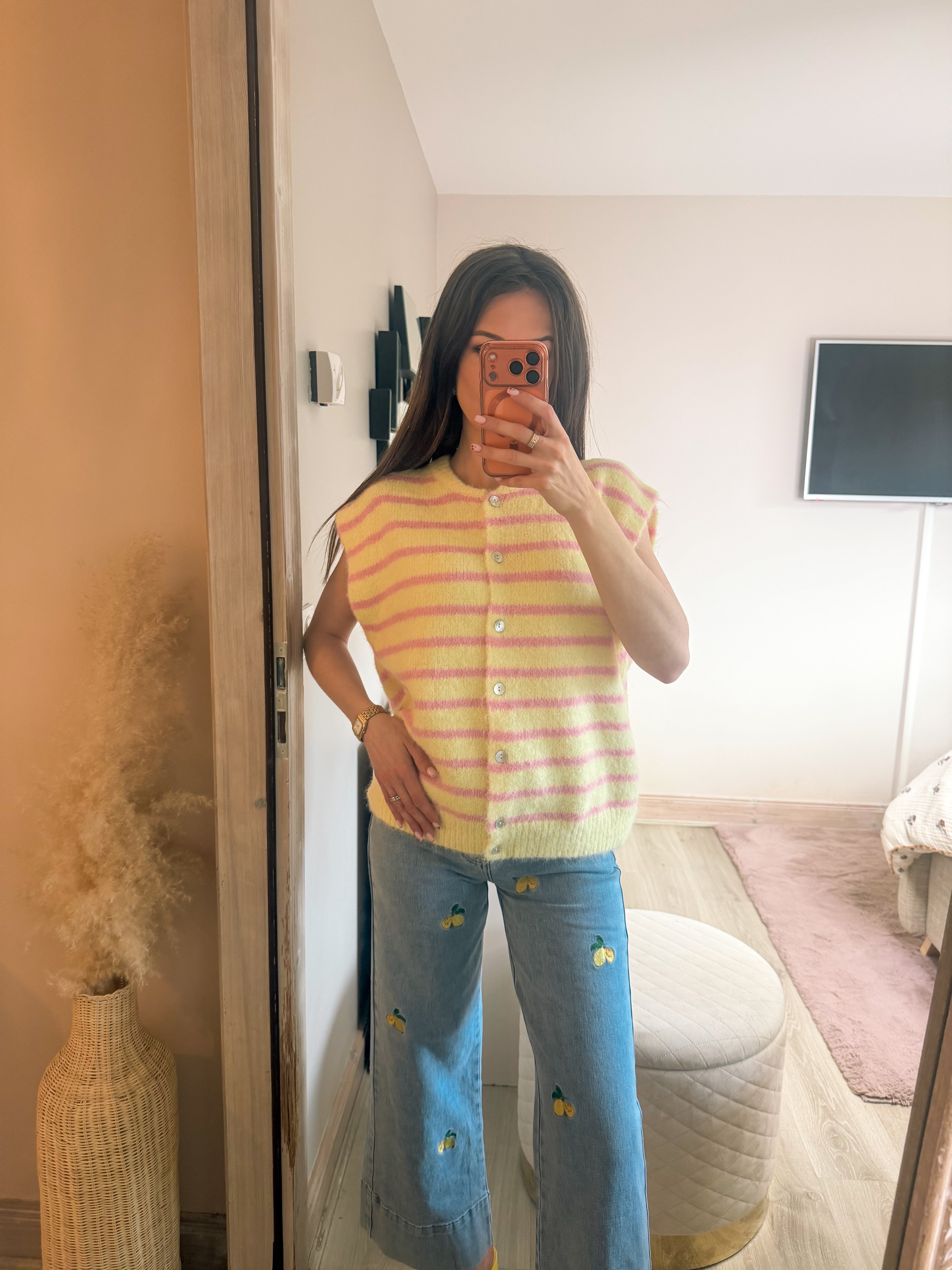 Gilet manche court rayures JAUNE ET ROSE