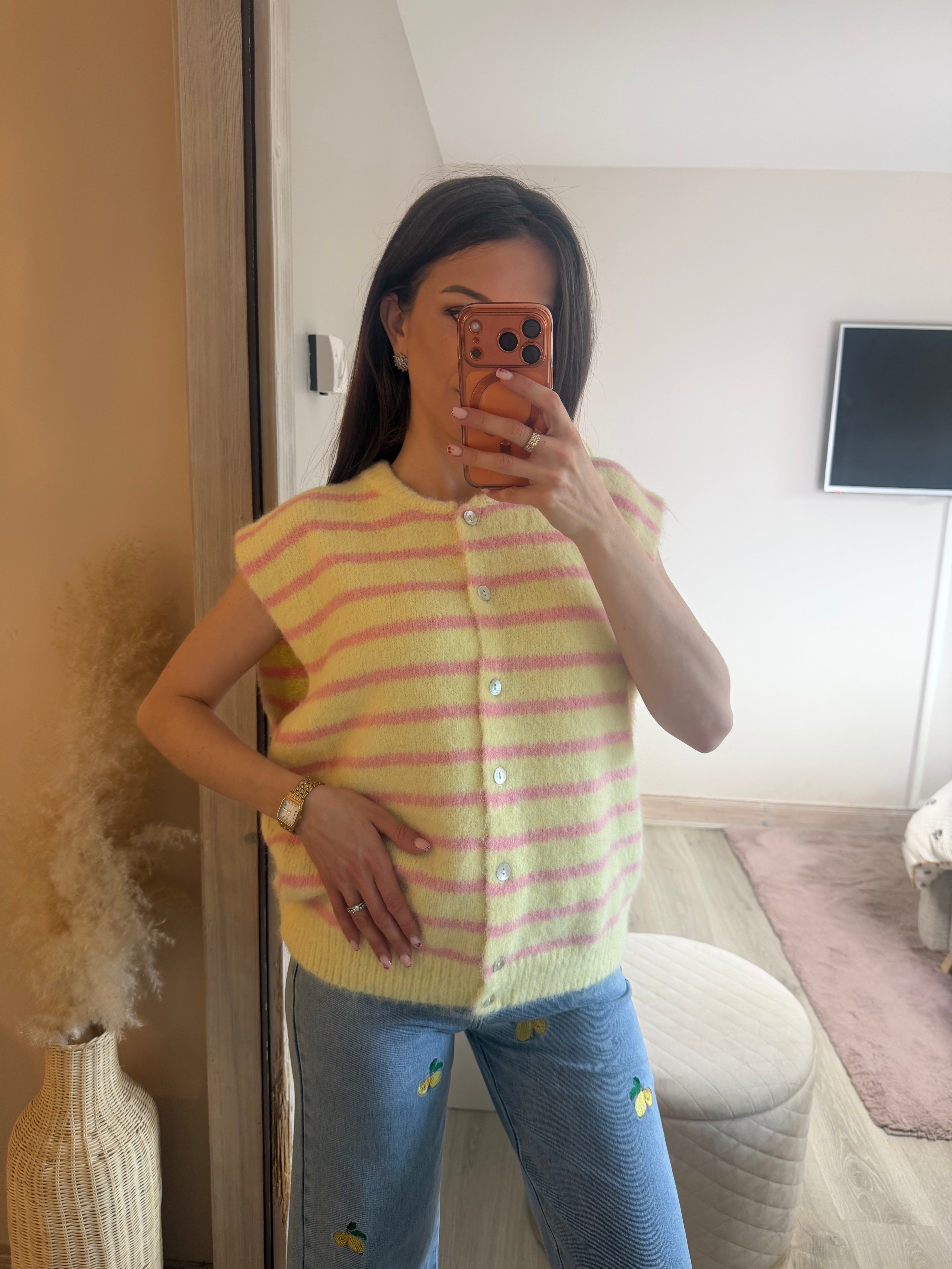 Gilet manche court rayures JAUNE ET ROSE