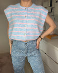 Gilet manche court rayures BLEU ET ROSE